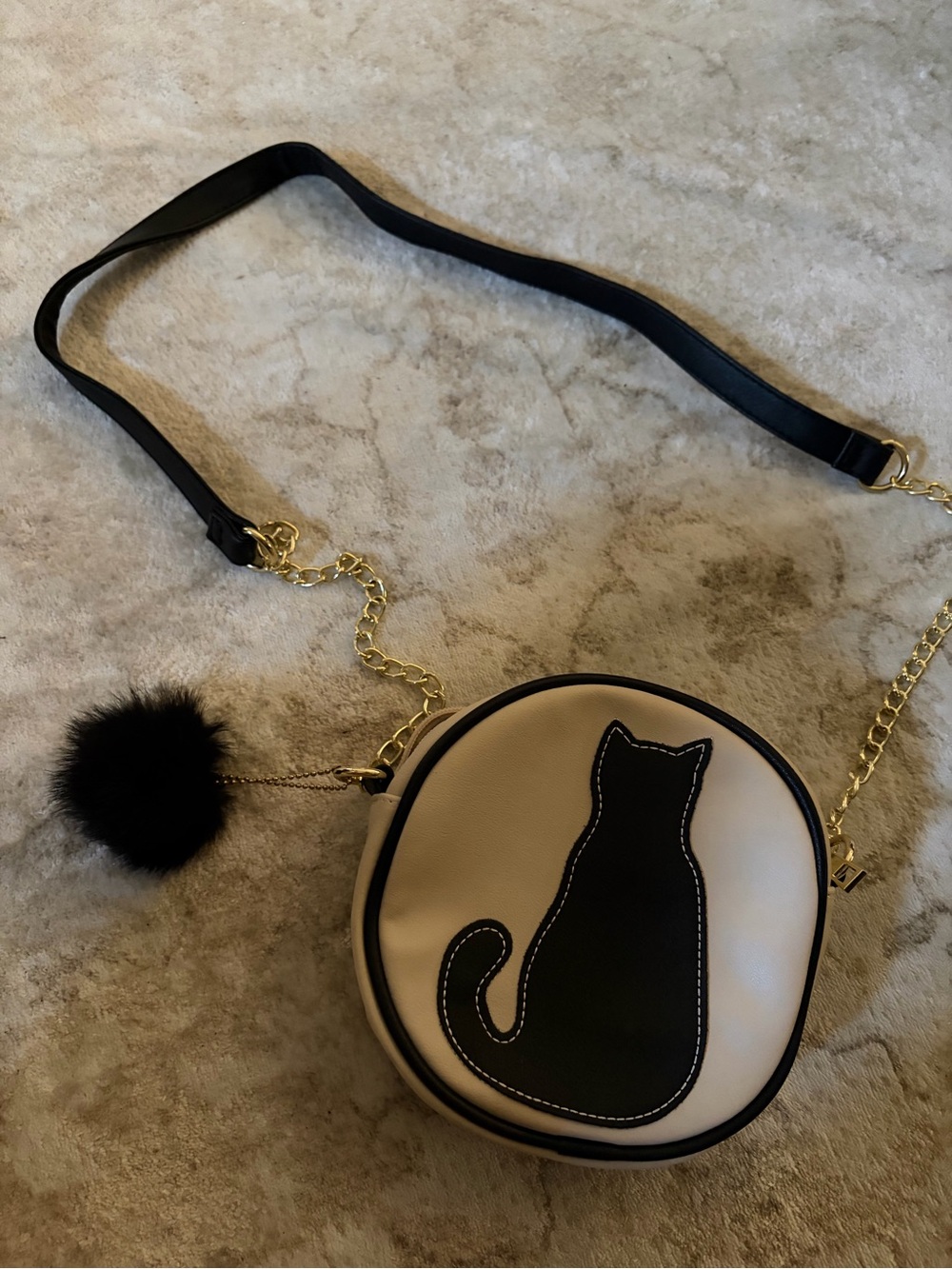Olivia Miller Cream Round Crossbody with Black Cat and Gold Chain
